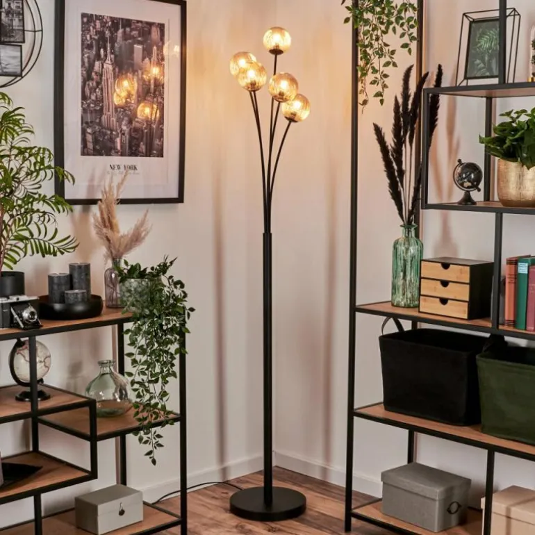 Lampadaire - Verre 10 cm Bernado Ambre, 5 lumières