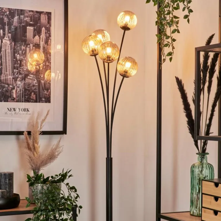 Lampadaire - Verre 10 cm Bernado Ambre, 5 lumières