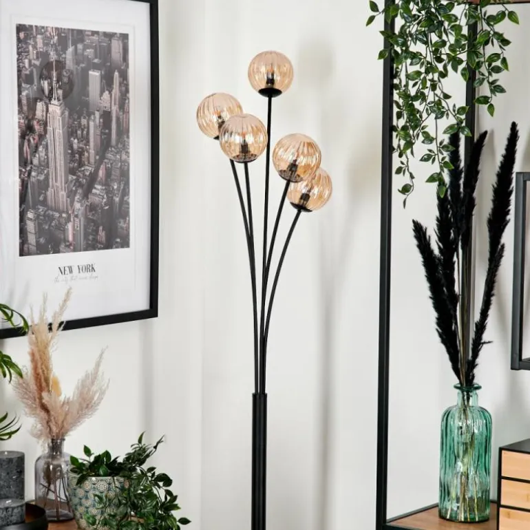 Lampadaire - Verre 10 cm Bernado Ambre, 5 lumières
