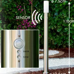 Lampadaire Caserta Acier inoxydable, 1 lumière, Détecteur de mouvement