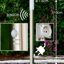 Lampadaire Caserta Acier inoxydable, 1 lumière, Détecteur de mouvement