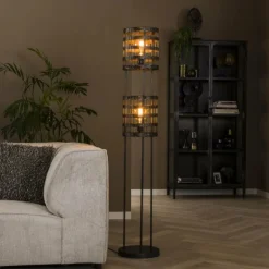 Lampadaire Gastona Nickel mat, Noir, 2 lumières