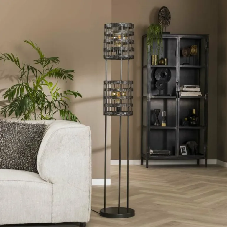 Lampadaire Gastona Nickel mat, Noir, 2 lumières