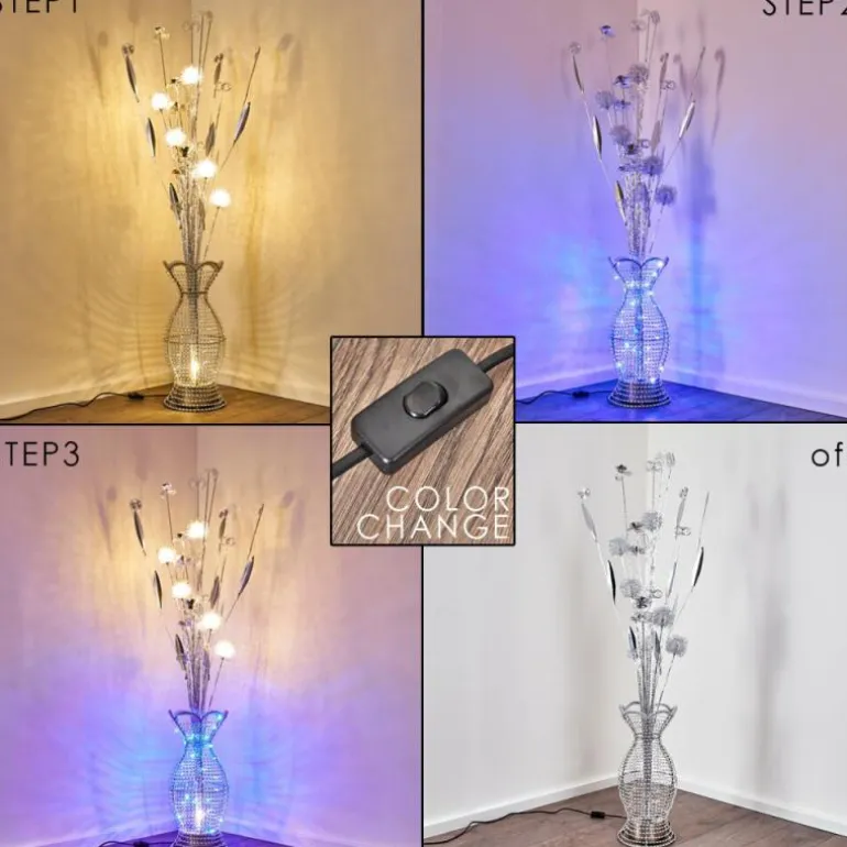Lampadaire Holar LED Chrome, 6 lumières, Changeur de couleurs