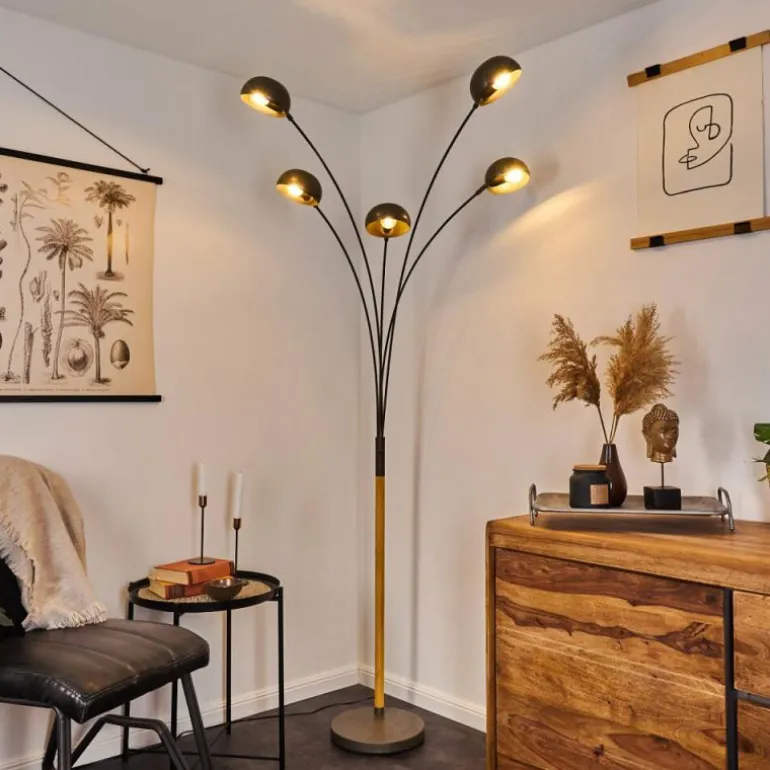 Lampadaire Siamado Bois foncé, Nickel mat, 5 lumières