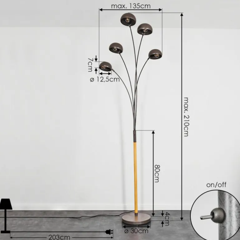 Lampadaire Siamado Bois foncé, Nickel mat, 5 lumières