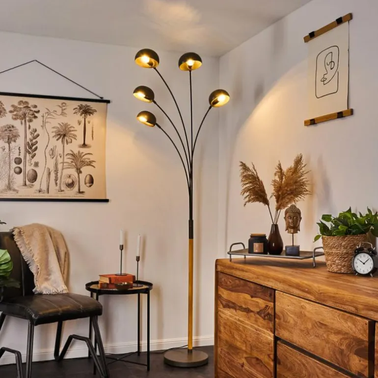 Lampadaire Siamado Bois foncé, Nickel mat, 5 lumières