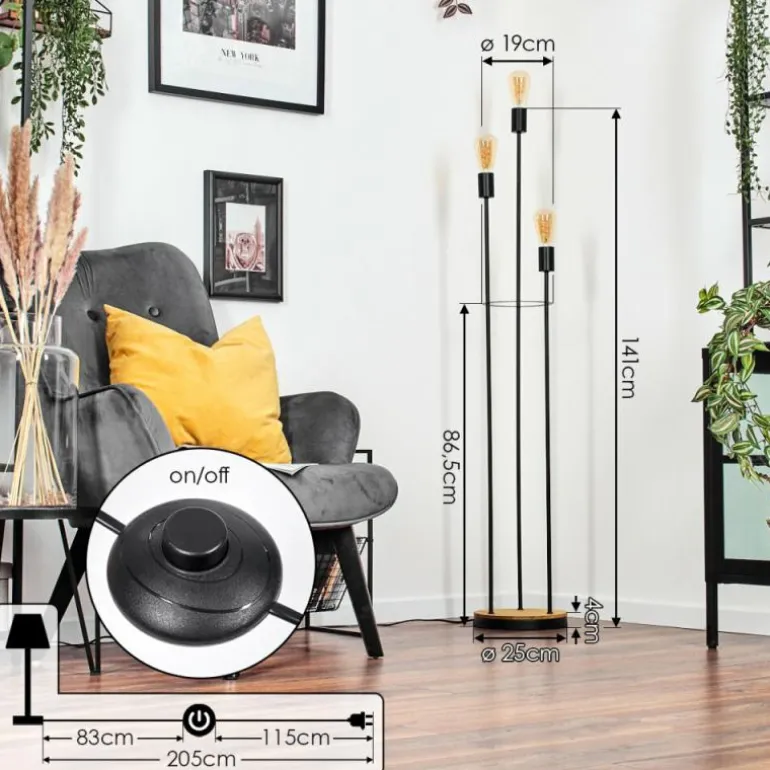 Limmingen Lampadaire Bois clair, Noir, 3 lumières