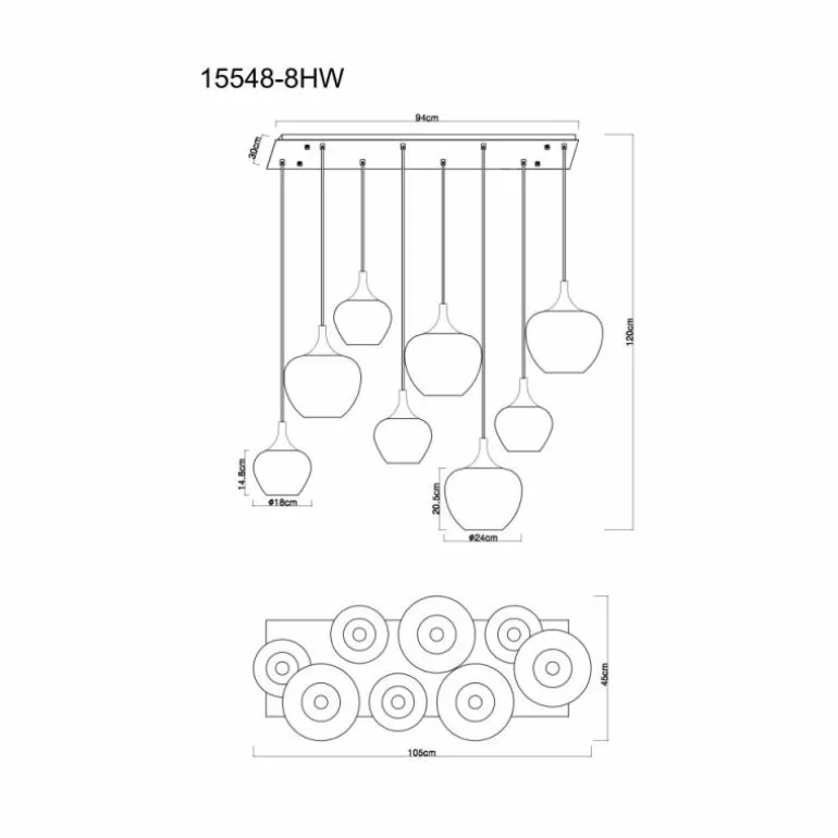 Maxy Suspension Luminaires Globo Lighting Chrome, Blanc, 8 lumières