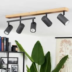 Plafonnier Javel Anthracite, Couleur bois, 5 lumières