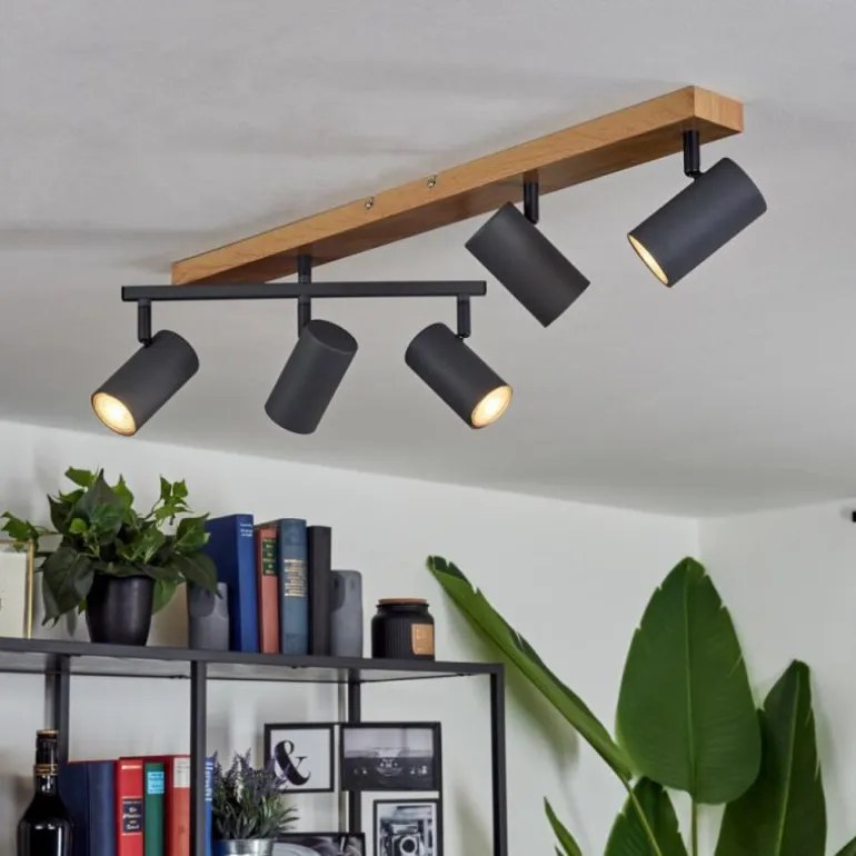 Plafonnier Javel Anthracite, Couleur bois, 5 lumières