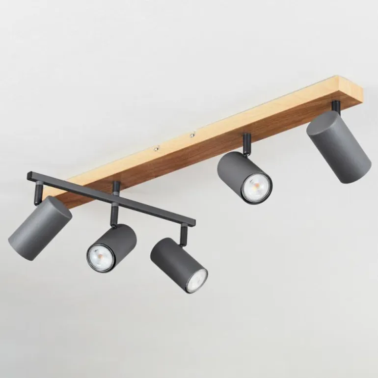 Plafonnier Javel Anthracite, Couleur bois, 5 lumières