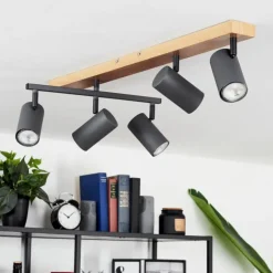 Plafonnier Javel Anthracite, Couleur bois, 5 lumières
