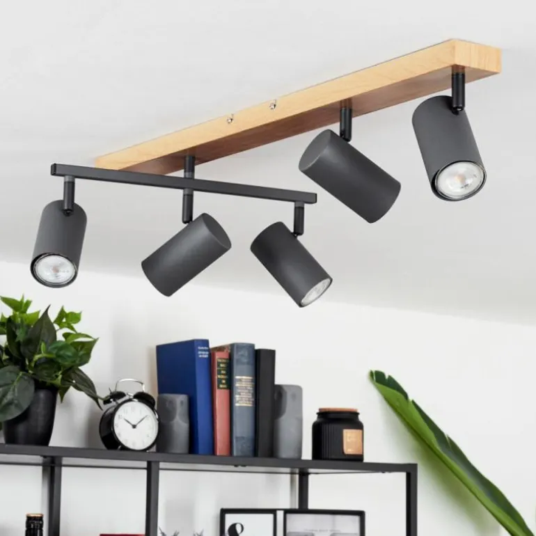Plafonnier Javel Anthracite, Couleur bois, 5 lumières
