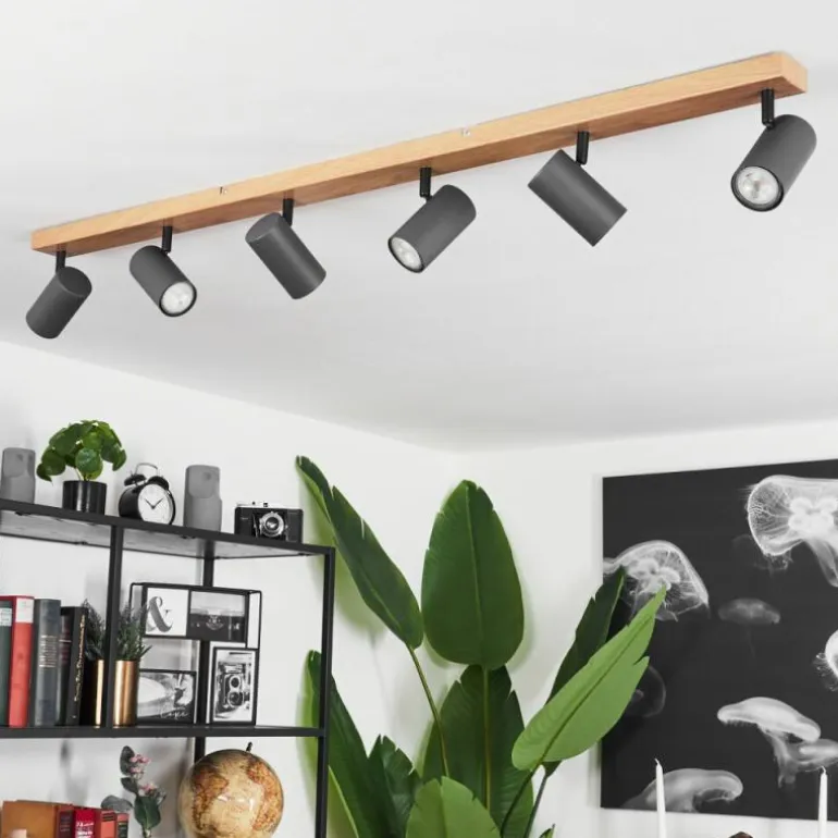 Plafonnier Javel Brun, Gris, Couleur bois, 6 lumières