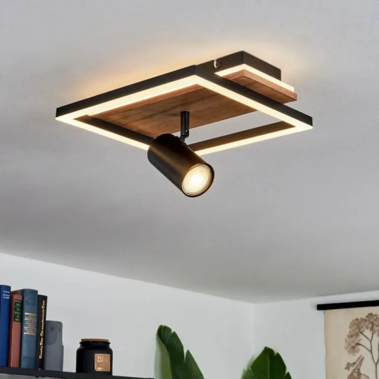 Plafonnier Sequeira LED Bois clair, Couleur bois, Noir, 2 lumières