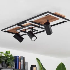Plafonnier Sequeira LED Bois clair, Couleur bois, Noir, 4 lumières