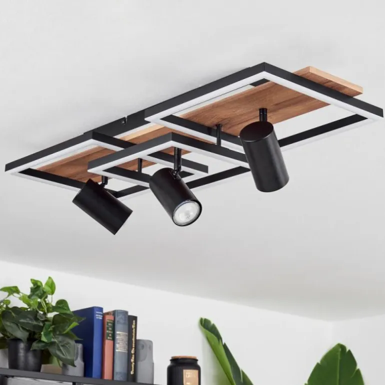 Plafonnier Sequeira LED Bois clair, Couleur bois, Noir, 4 lumières