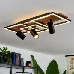 Plafonnier Sequeira LED Bois clair, Couleur bois, Noir, 4 lumières