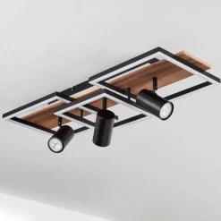 Plafonnier Sequeira LED Bois clair, Couleur bois, Noir, 4 lumières