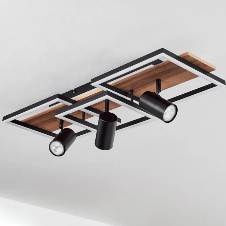 Plafonnier Sequeira LED Bois clair, Couleur bois, Noir, 4 lumières