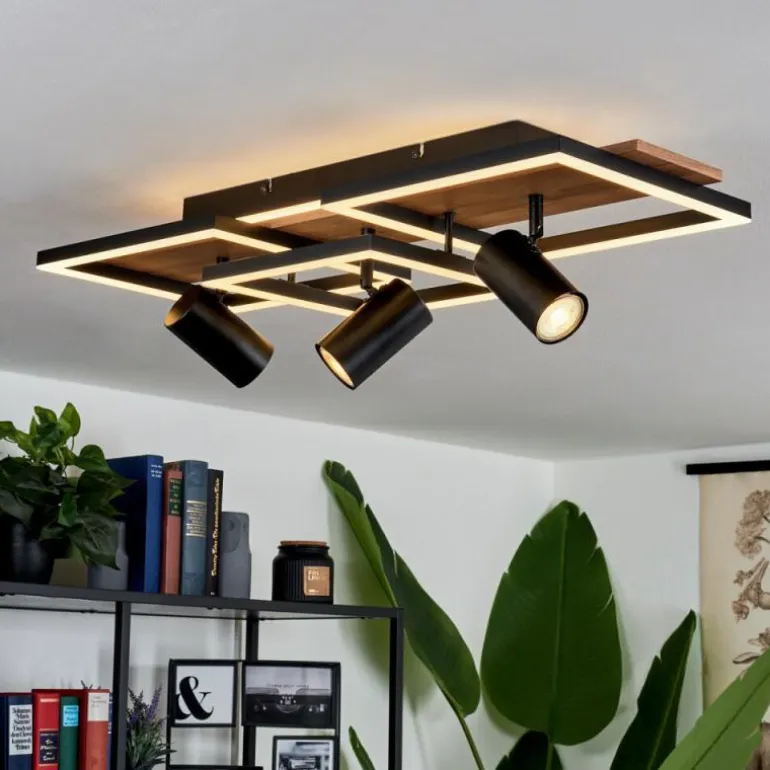 Plafonnier Sequeira LED Bois clair, Couleur bois, Noir, 4 lumières