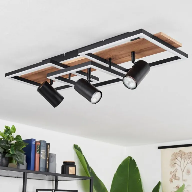 Plafonnier Sequeira LED Bois clair, Couleur bois, Noir, 4 lumières