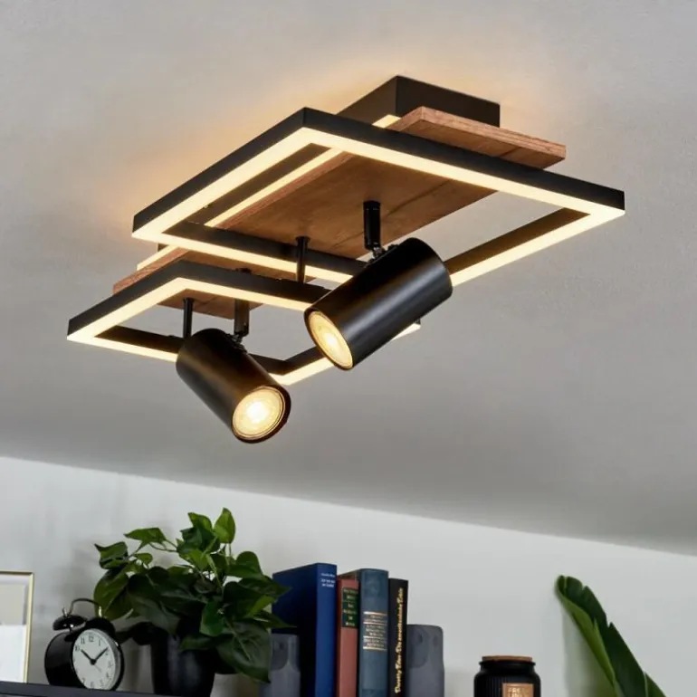 Plafonnier Sequeira LED Bois clair, Couleur bois, Noir, 3 lumières