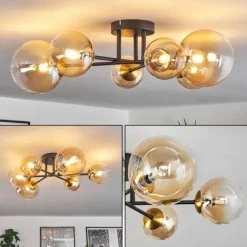 Plafonnier - Verre 10 cm, 12 cm, 15 cm Chehalis Or, Noir, 6 lumières