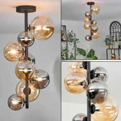 Plafonnier - Verre 10 cm, 12 cm, 15 cm Chehalis Ambre, Fumé, 8 lumières