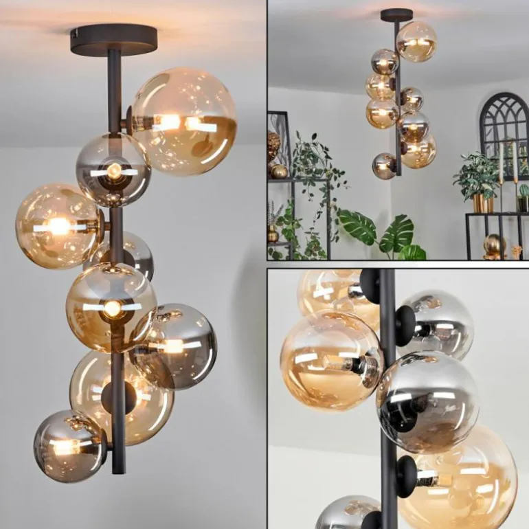 Plafonnier - Verre 10 cm, 12 cm, 15 cm Chehalis Ambre, Fumé, 8 lumières