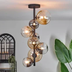 Plafonnier - Verre 10 cm, 12 cm, 15 cm Chehalis Ambre, Clair, Fumé, 8 lumières