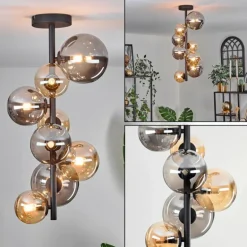 Plafonnier - Verre 10 cm, 12 cm, 15 cm Chehalis Ambre, Fumé, 8 lumières