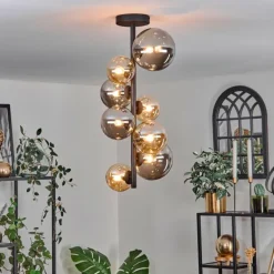 Plafonnier - Verre 10 cm, 12 cm, 15 cm Chehalis Ambre, Fumé, 8 lumières