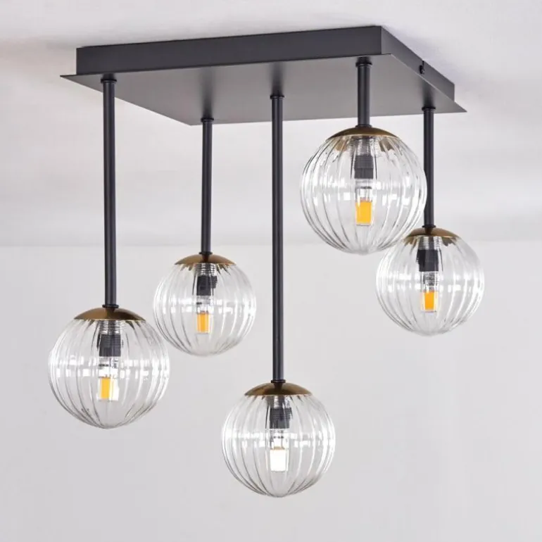 Plafonnier - Verre Chehalis Or, Noir, 5 lumières