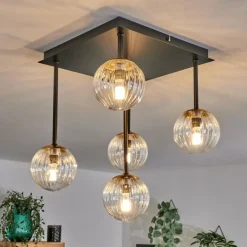 Plafonnier - Verre Chehalis Or, Noir, 5 lumières