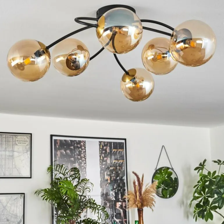 Plafonnier - Verre Chehalis Or, Noir, 6 lumières
