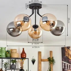 Plafonnier - Verre Gastor Ambre, Fumé, 5 lumières