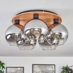 Plafonnier - Verre Koyoto Écru, Noir, 5 lumières
