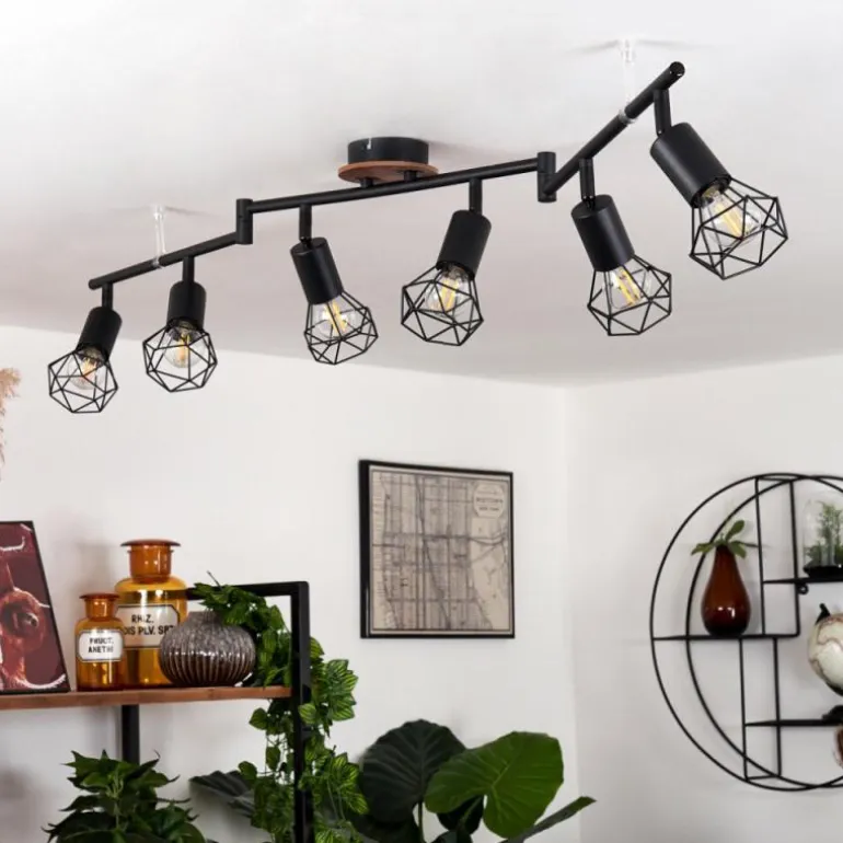 Plafonnier Baripada Bois foncé, Noir, 6 lumières