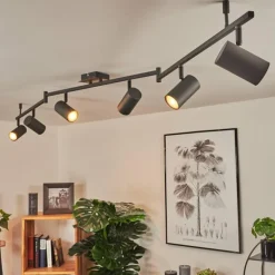 Plafonnier Javel Brun, Gris, Couleur bois, Noir, 6 lumières