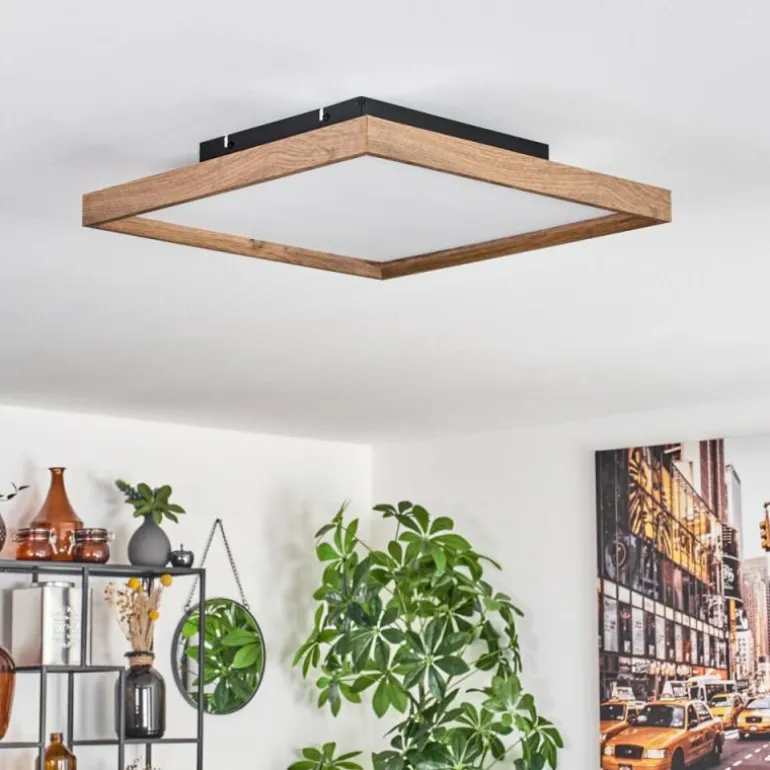 Plafonnier Longvic LED Brun, Couleur bois, Noir, 1 lumière, Télécommandes