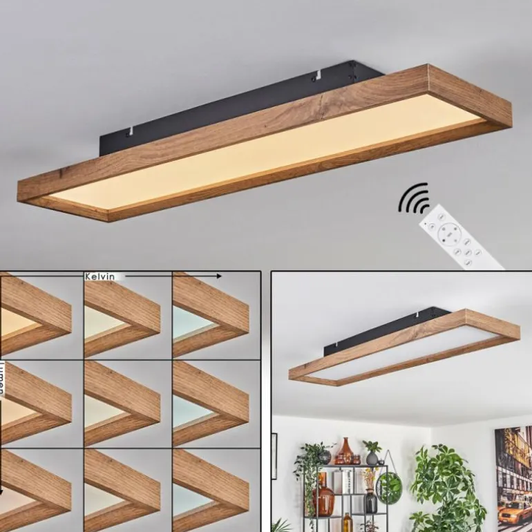 Plafonnier Longvic LED Brun, Couleur bois, Noir, 1 lumière, Télécommandes