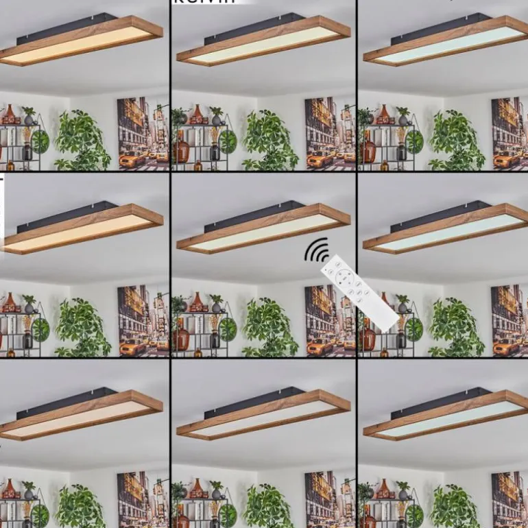 Plafonnier Longvic LED Brun, Couleur bois, Noir, 1 lumière, Télécommandes