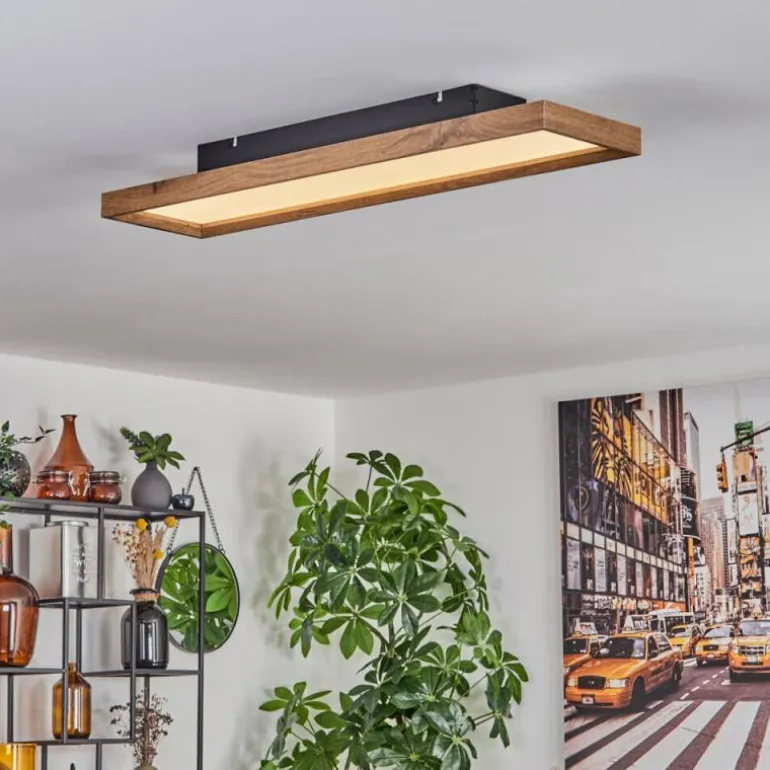 Plafonnier Longvic LED Brun, Couleur bois, Noir, 1 lumière, Télécommandes