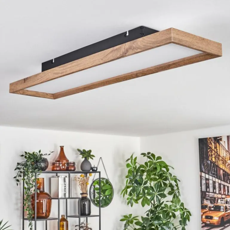 Plafonnier Longvic LED Brun, Couleur bois, Noir, 1 lumière, Télécommandes