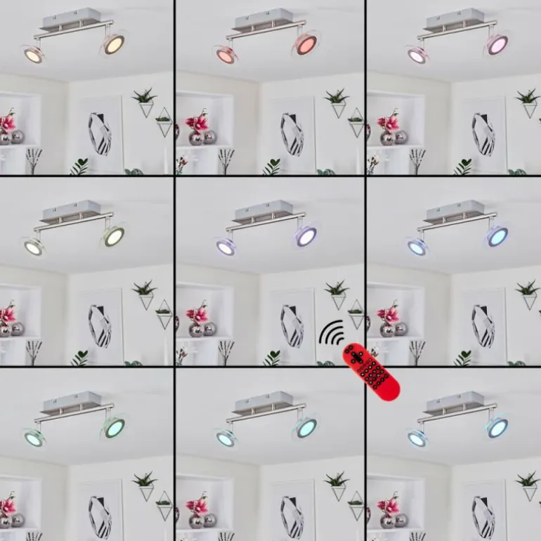Plafonnier Marsen LED Chrome, Nickel mat, 2 lumières, Télécommandes, Changeur de couleurs