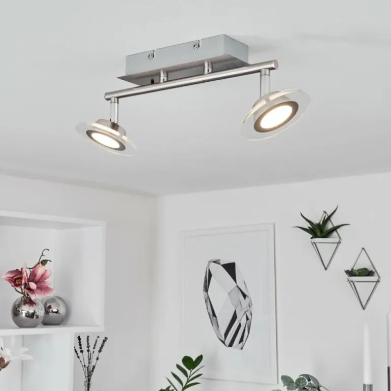 Plafonnier Marsen LED Chrome, Nickel mat, 2 lumières, Télécommandes, Changeur de couleurs