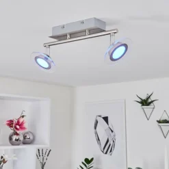 Plafonnier Marsen LED Chrome, Nickel mat, 2 lumières, Télécommandes, Changeur de couleurs