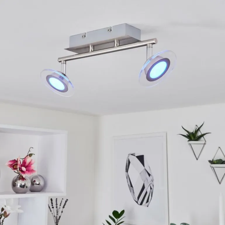 Plafonnier Marsen LED Chrome, Nickel mat, 2 lumières, Télécommandes, Changeur de couleurs
